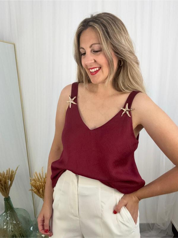 blusa de tirante color burdeos mujer