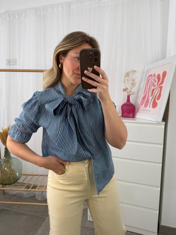 camisa manga corta rayas con lazada