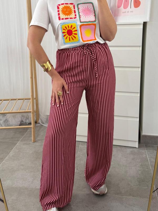 pantalón de rayas rosa y burdeos