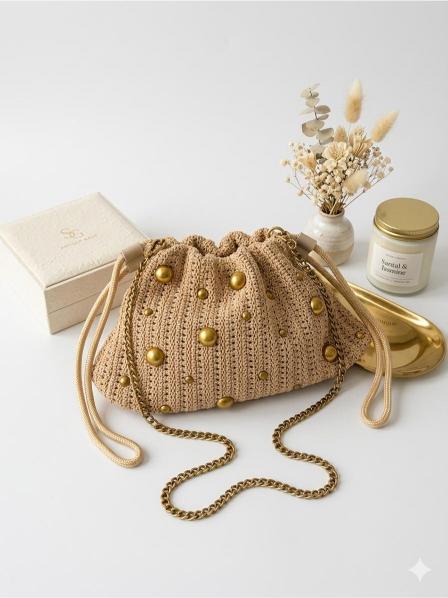 bolso rafia con tachas doradas